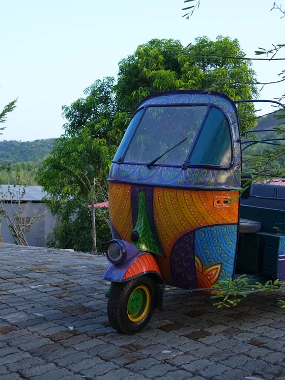 An auto-rickshaw painted all over in bright folk patterns.