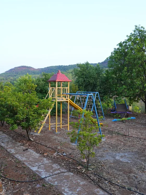 Slides and swings among young trees on the farm.