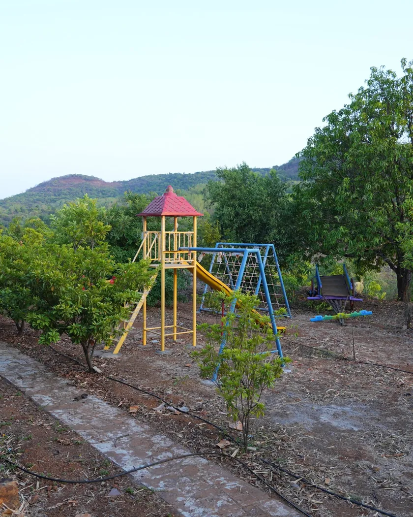Slides and swings in the play area on the farm.